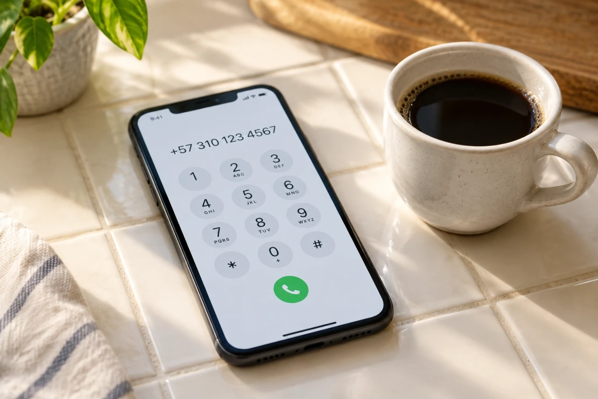 A smartphone on a tiled kitchen counter beside a cup of coffee, with +57 310 123 4567 on the dial pad.
