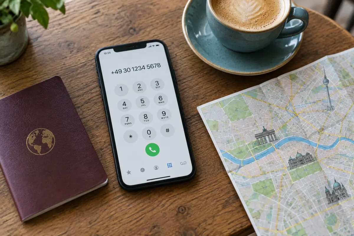 A smartphone showing +49 30 1234 5678 on its dial pad, next to a passport, a coffee and a map of Berlin.