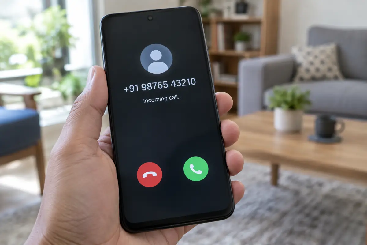 A hand holding a smartphone showing an incoming call from +91 98765 43210.