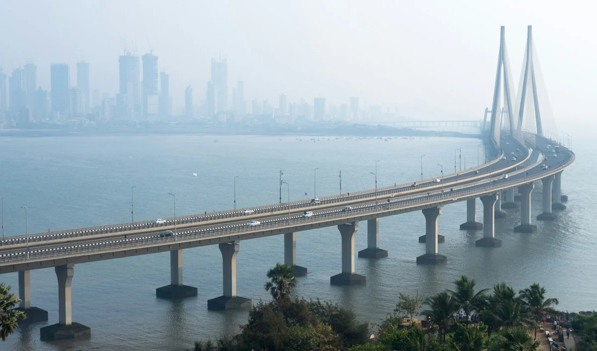 The Bandra-Worli Sea Link crossing the water toward the Mumbai skyline.