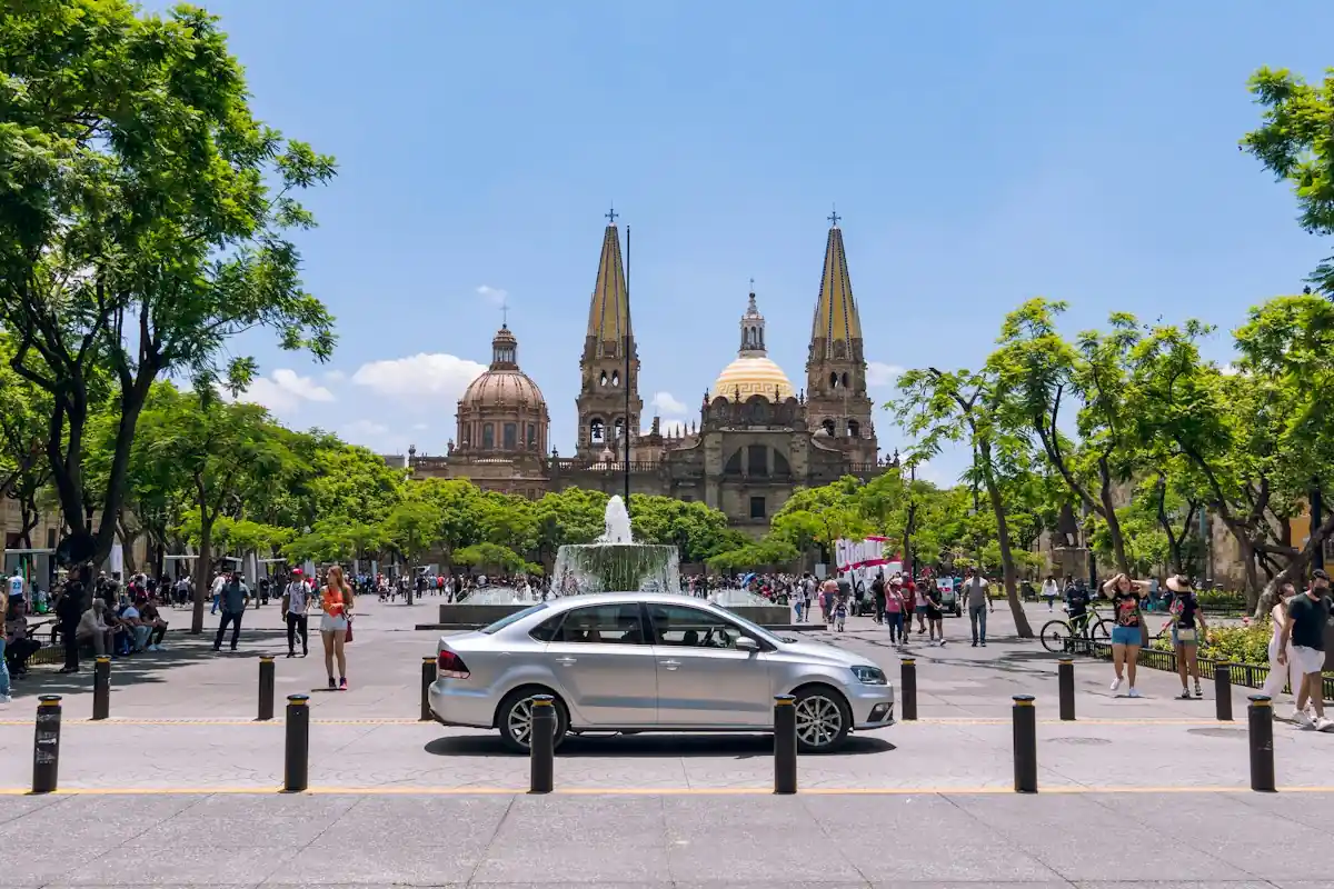Guadalajara Cathedral and its twin spires seen across a plaza in central Guadalajara, home of the 33 area code.