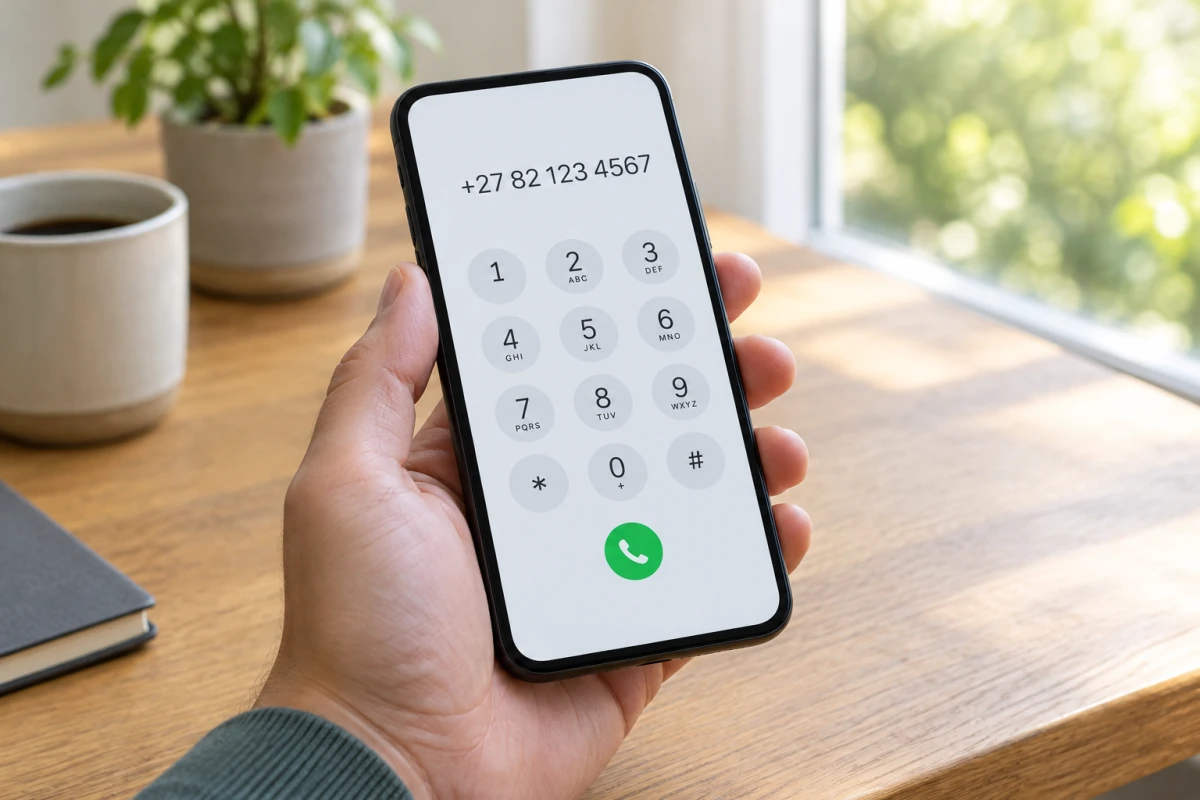 A hand holding a smartphone with +27 82 123 4567 entered on the dial pad.