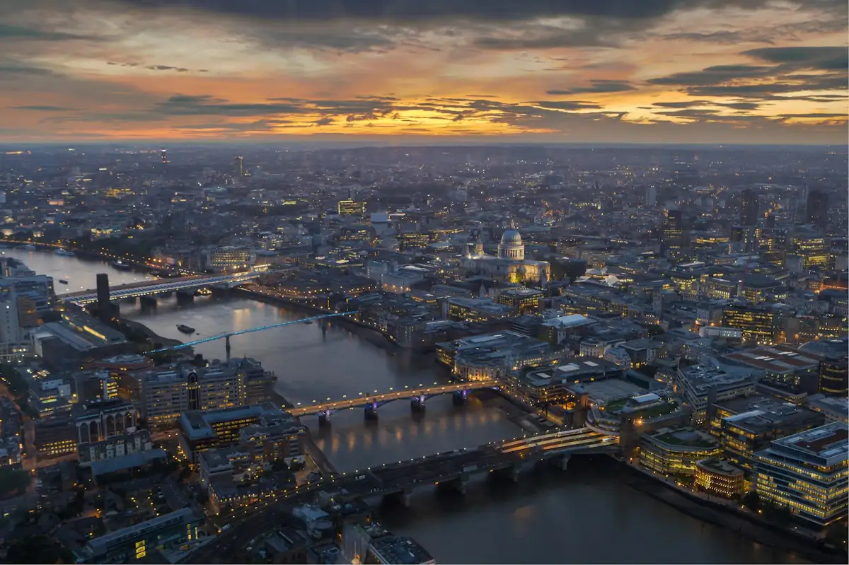 The River Thames and St Paul's Cathedral at dusk, seen from the top of the Shard in London.