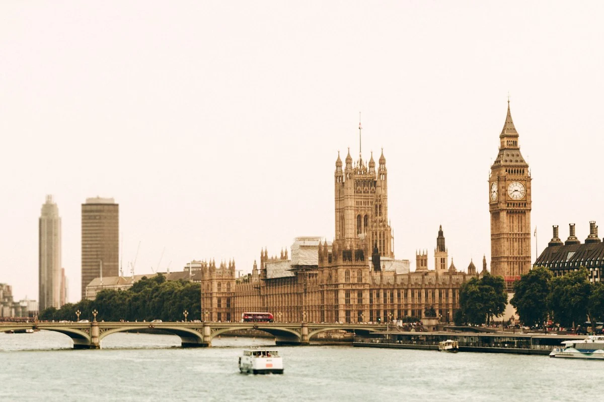 The Houses of Parliament and Big Ben across the River Thames in London.