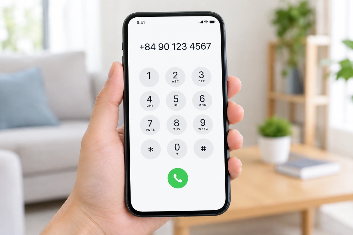 A hand holding a smartphone with +84 90 123 4567 entered on the dial pad.